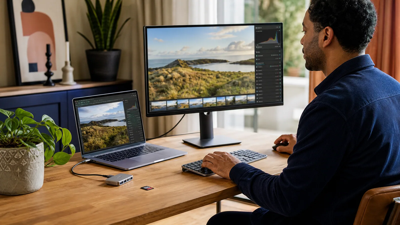Laptop connected through a USB-C hub to a monitor and memory card at home
