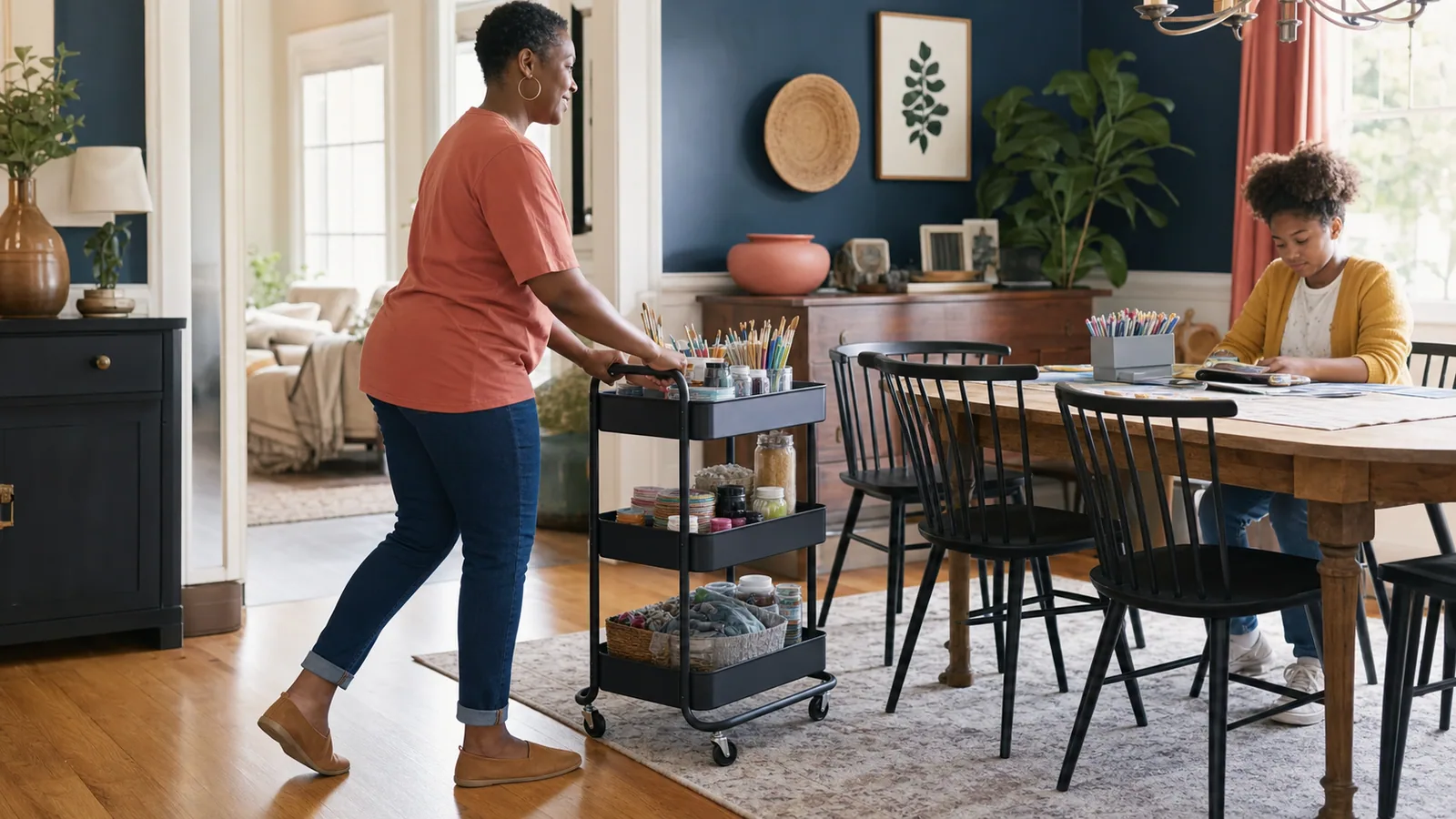 Person rolling a three-tier utility cart between a kitchen and dining area