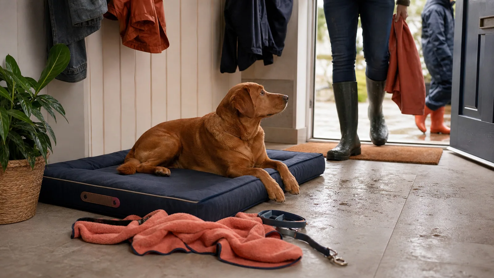 Dog resting on a washable bed near an entryway after a rainy walk