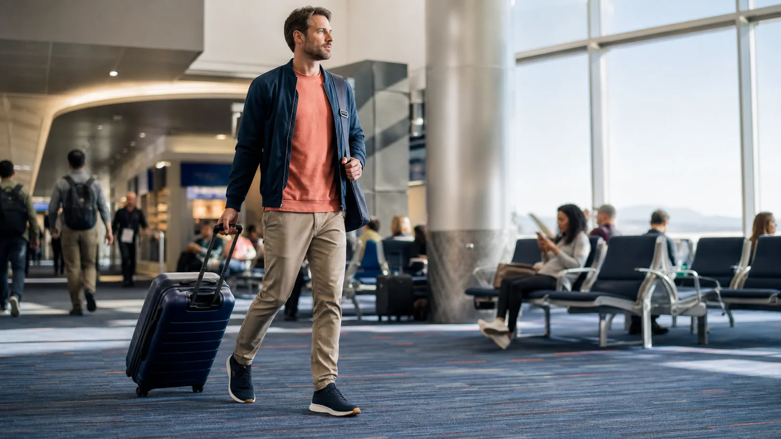 Traveler wearing lightweight sneakers while walking through an airport terminal