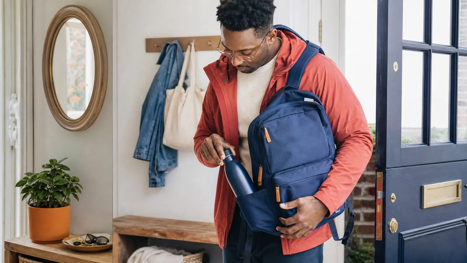Commuter placing a reusable water bottle into a backpack side pocket