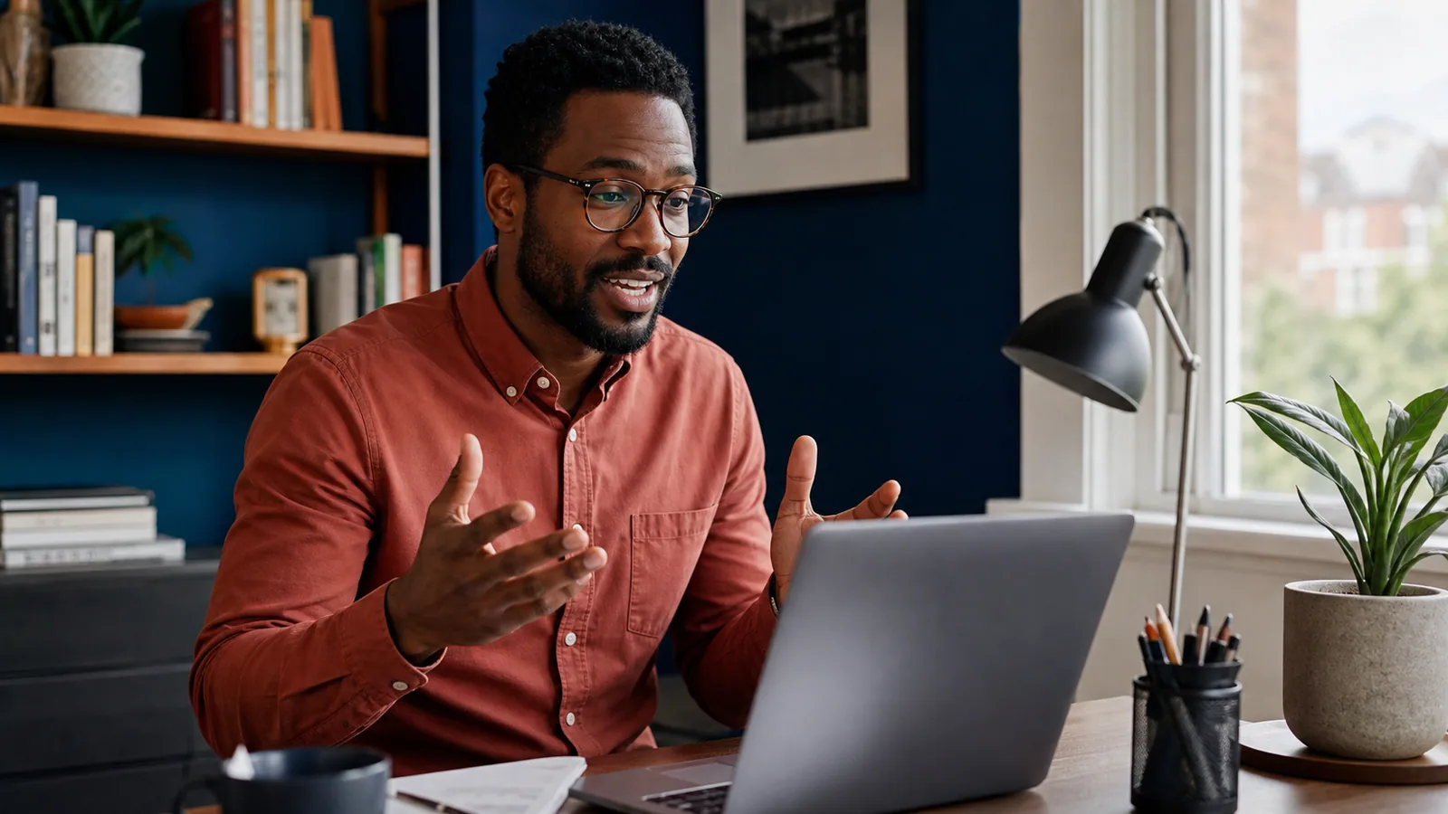 Professional on a video call from a compact home office with a window light