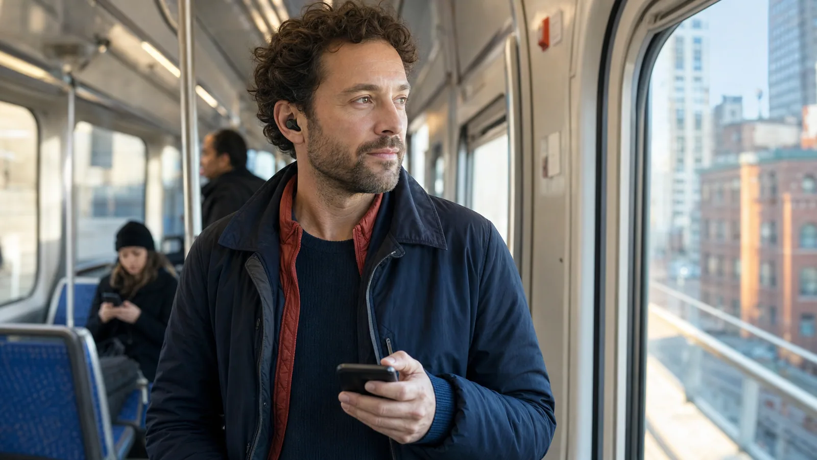 Commuter wearing wireless earbuds while standing on a morning train